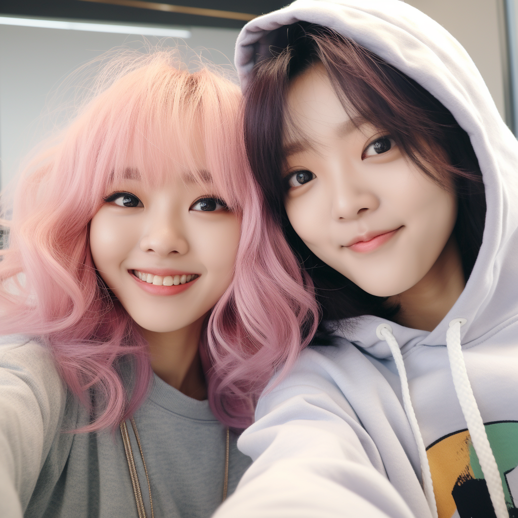 Closeup selfie of two cheerful Kpop idol girls in cute hoodies