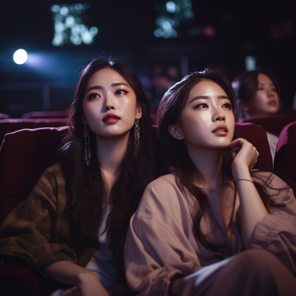 Two focused Kpop women in cinema