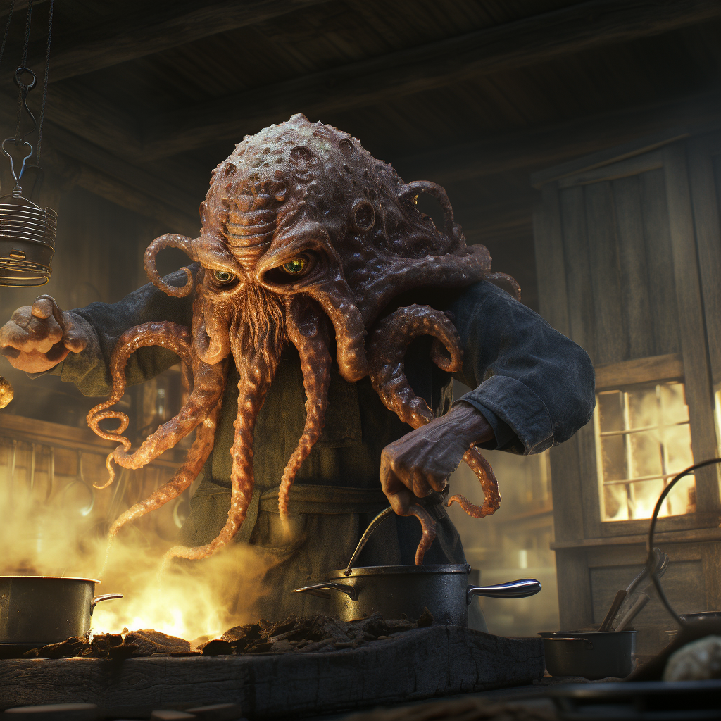 Kraken cooking human in kitchen