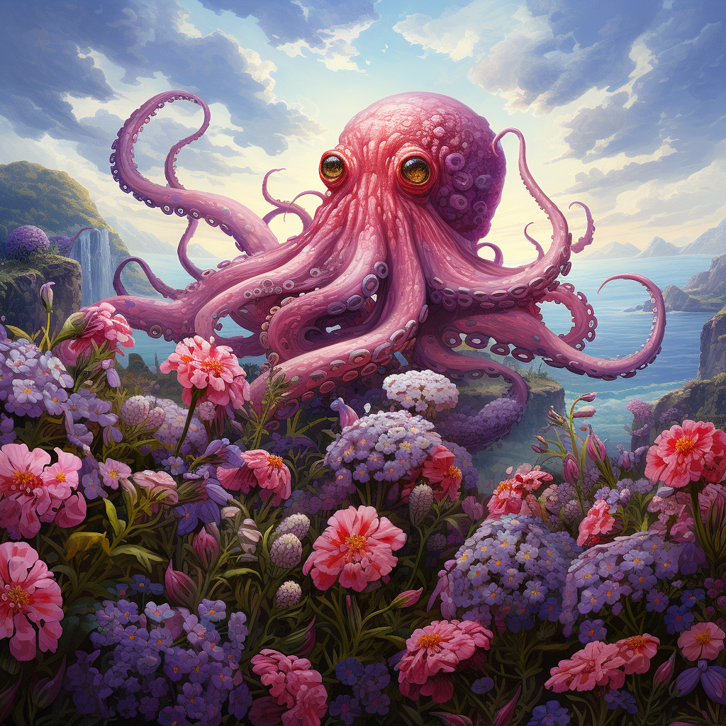 Happy kraken in flower field