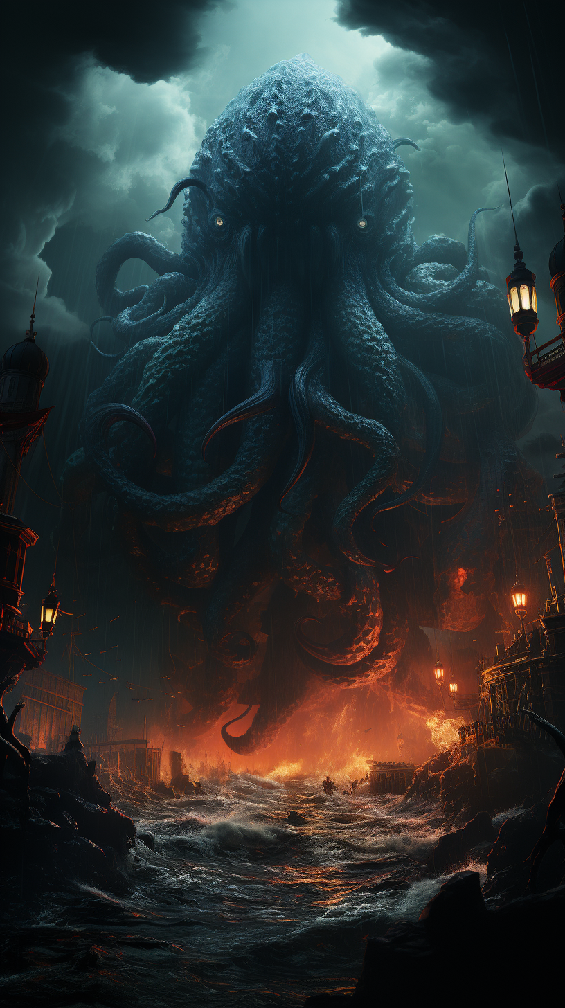 Detailed depiction of Lovecraftian Kraken emerging from seas