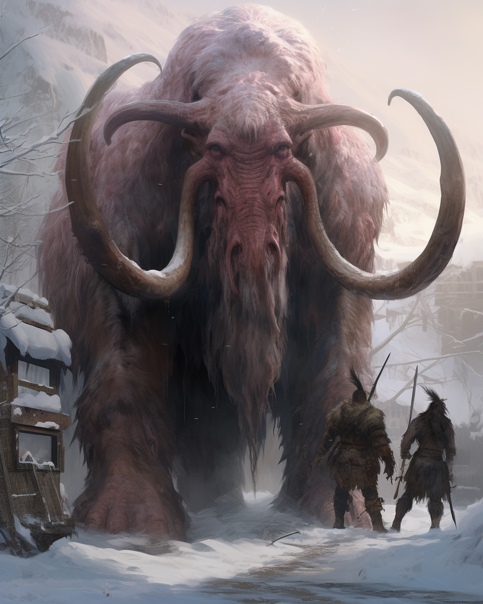 Enormous Krampus beside a giant mammoth in a horrifying village