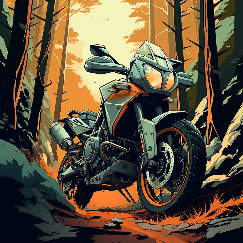 KTM adventure motorcycle among lush green trees