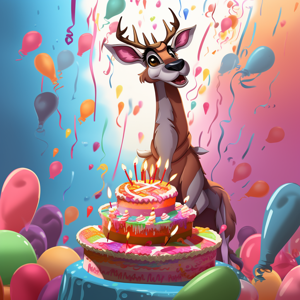 Cartoon kudu holding birthday cake and surrounded by confetti and balloons