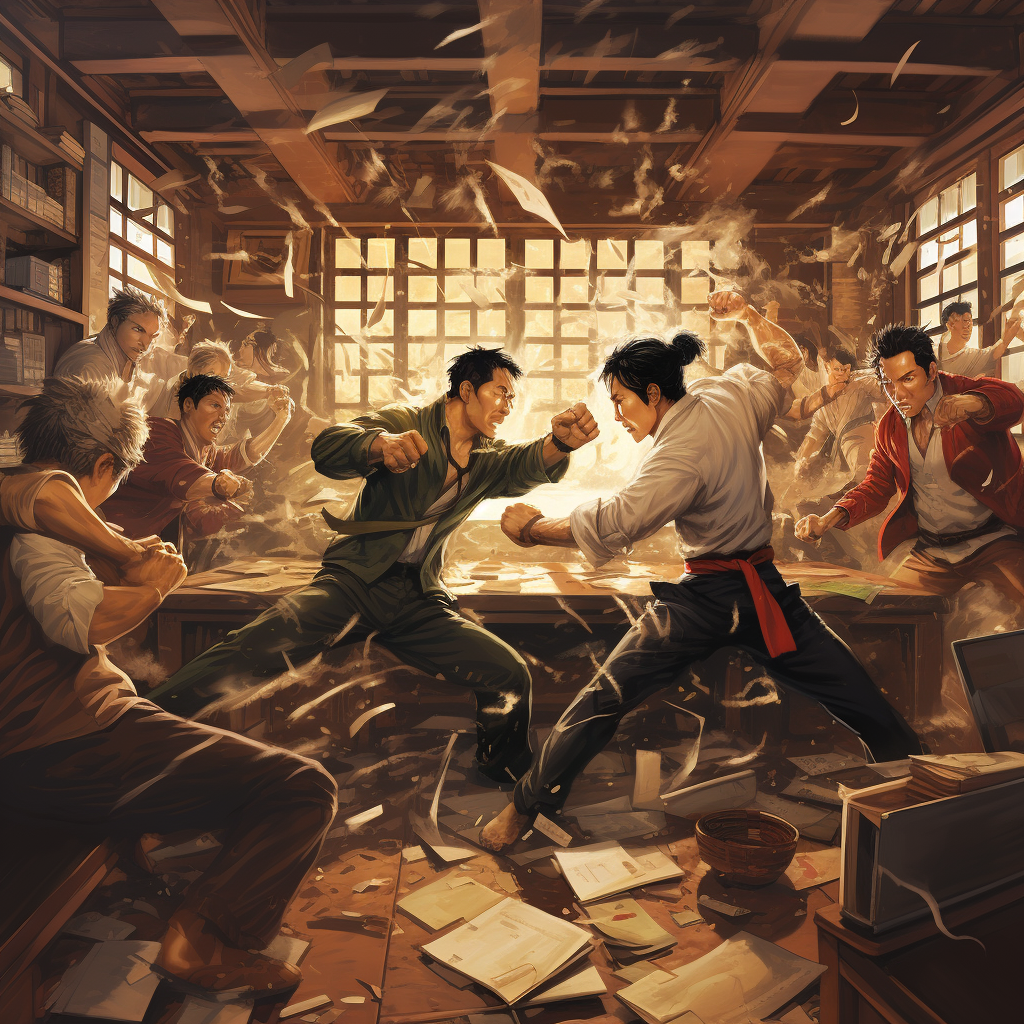 Dynamic kung fu fight in war room