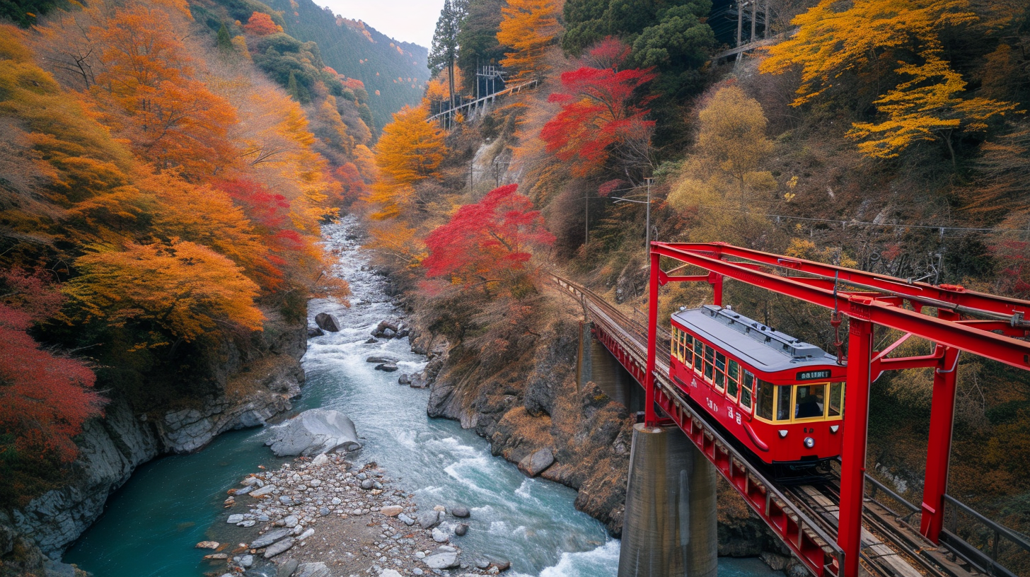 Panoramic view of Kurobe Gorge in autumn