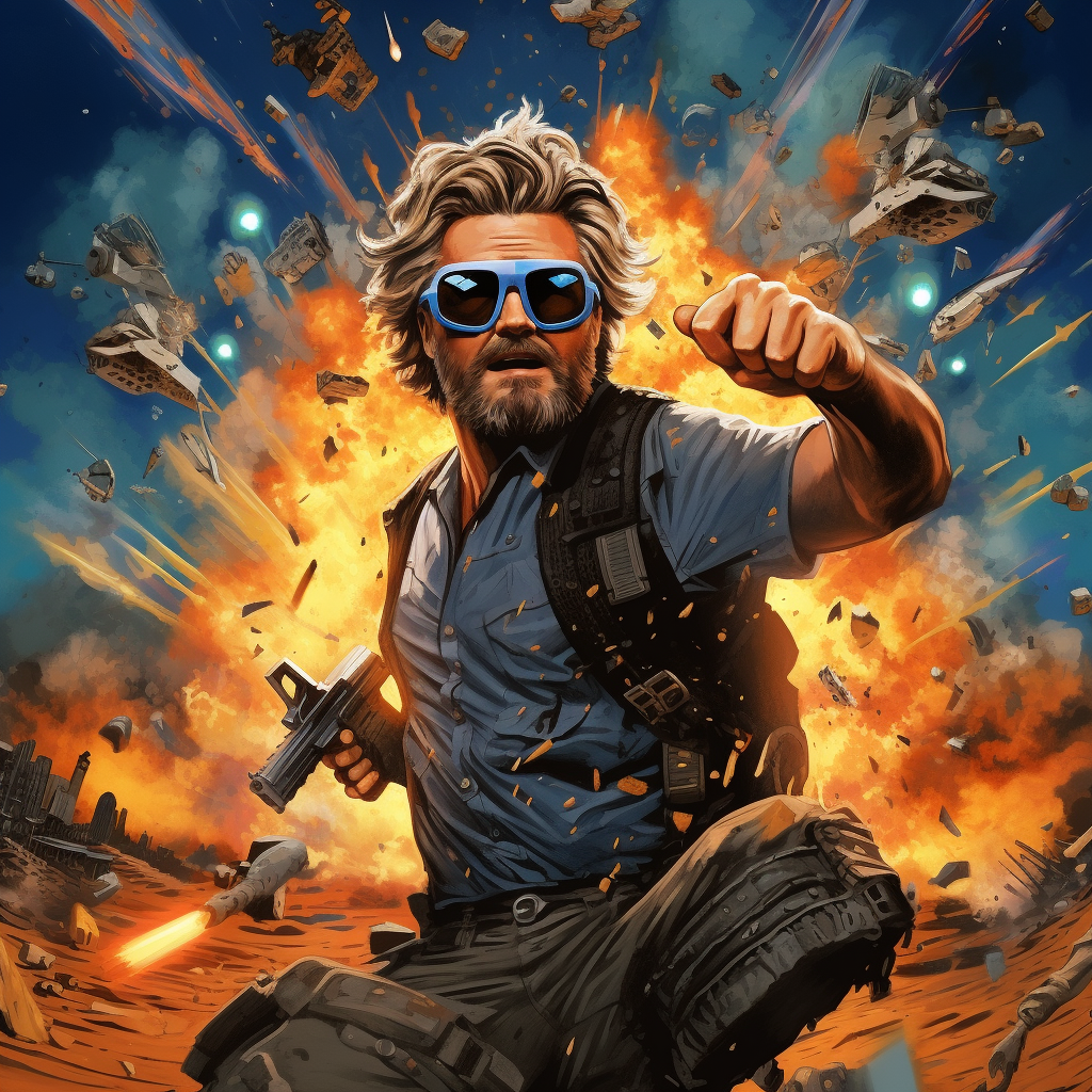 Kurt Russell running away from exploding boomboxes