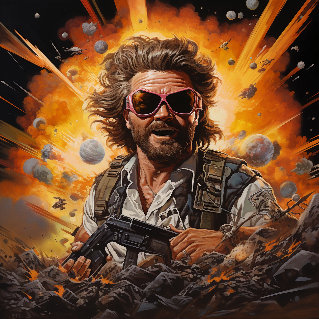 Kurt Russell running from exploding boomboxes