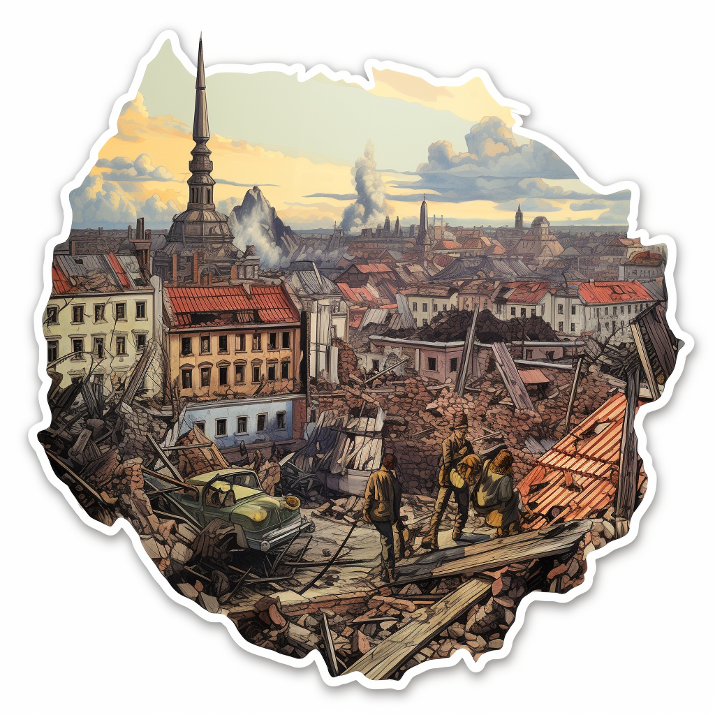 Sticker depicting Kyiv during WWII