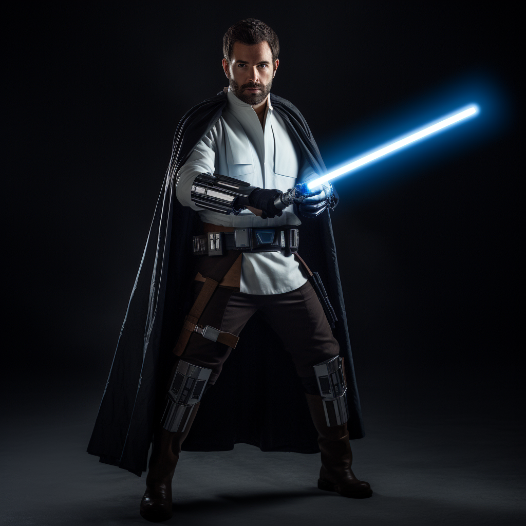 Kyle Katarn with blue lightsaber and blaster