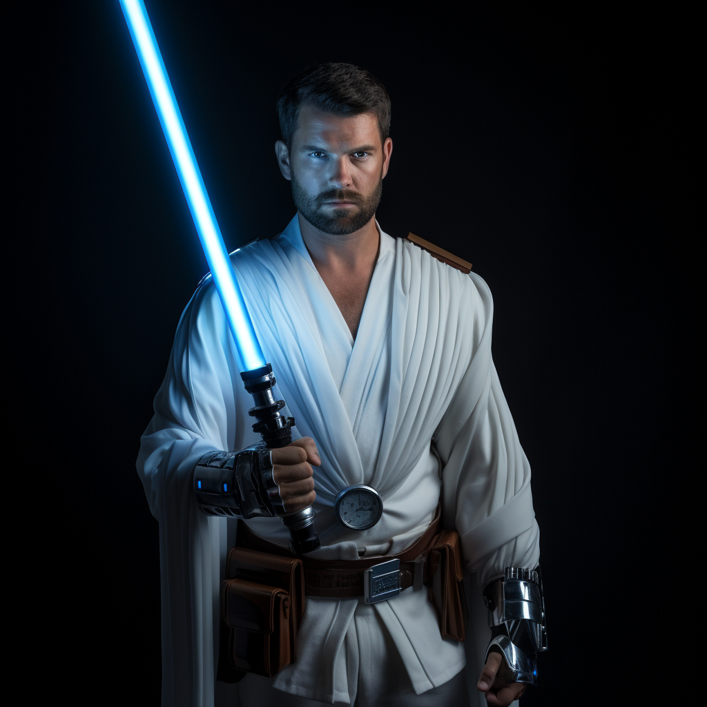 Photographic portrait of Kyle Katarn with blue lightsaber