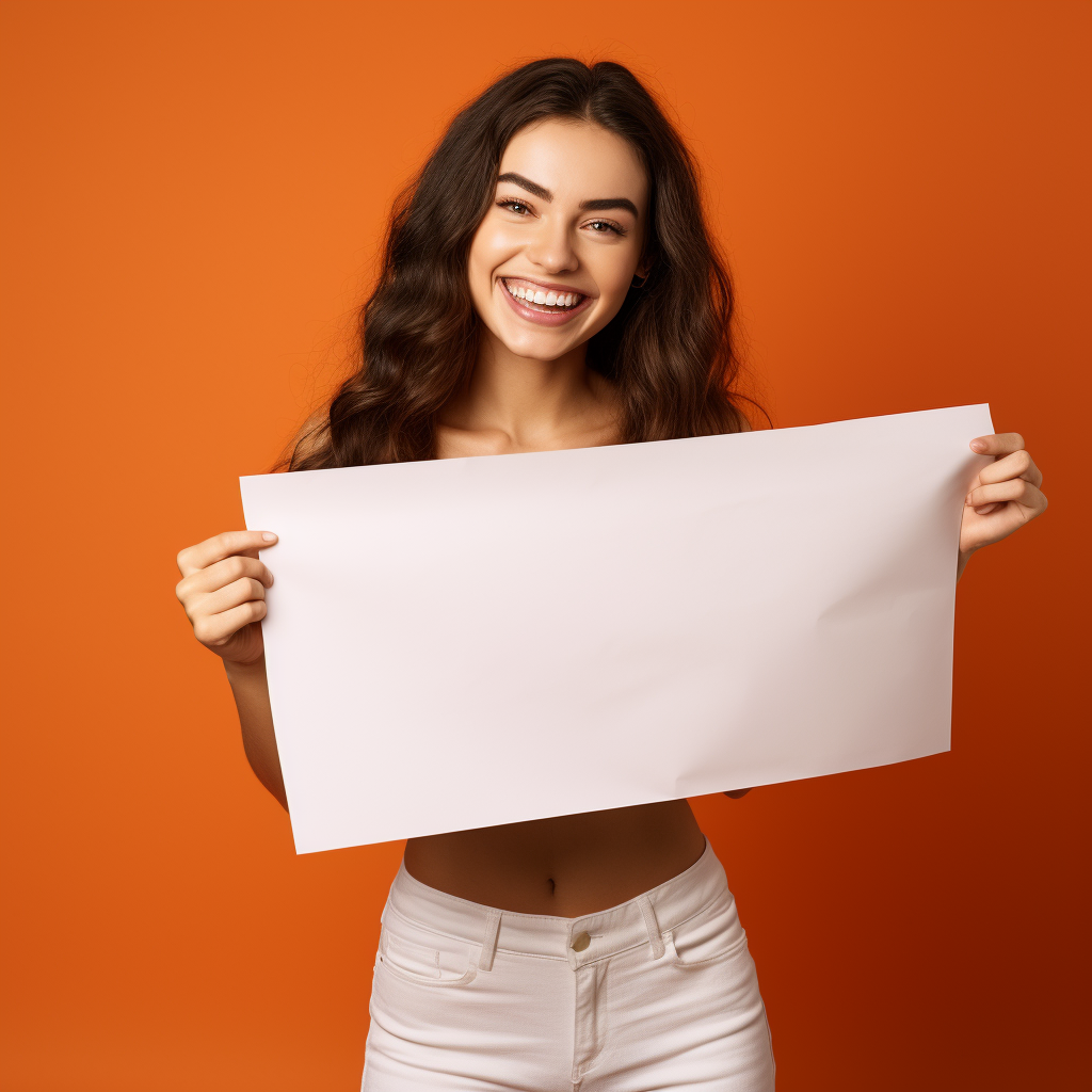 Kylie holding blank paper with smile