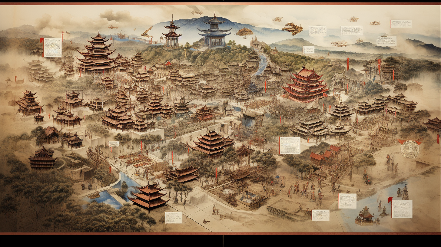 Bird's eye view of Kyoto's historic map