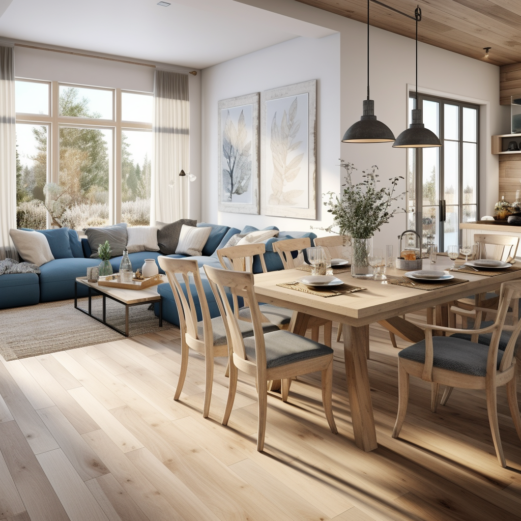 L-shaped living and dining room with rustic touch