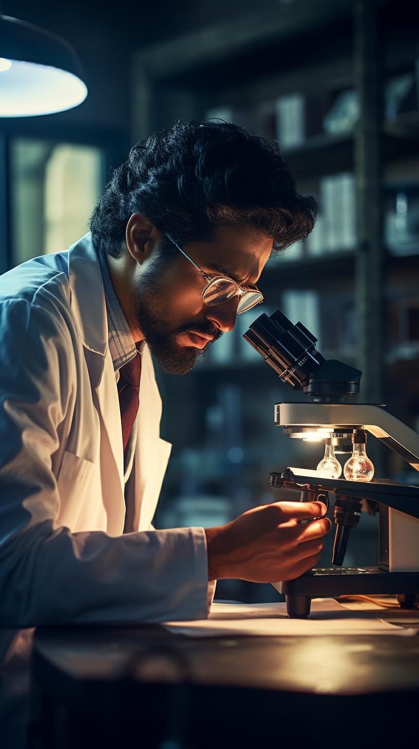 Closeup of Lab Investigator Using Microscope