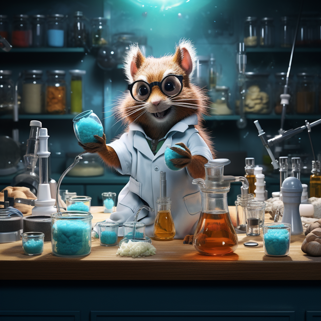 Anthropomorphic squirrel scientist in lab setting with test tube