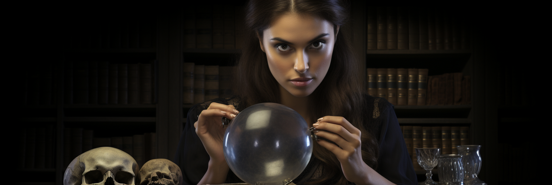 Brunette woman examining human skull closely