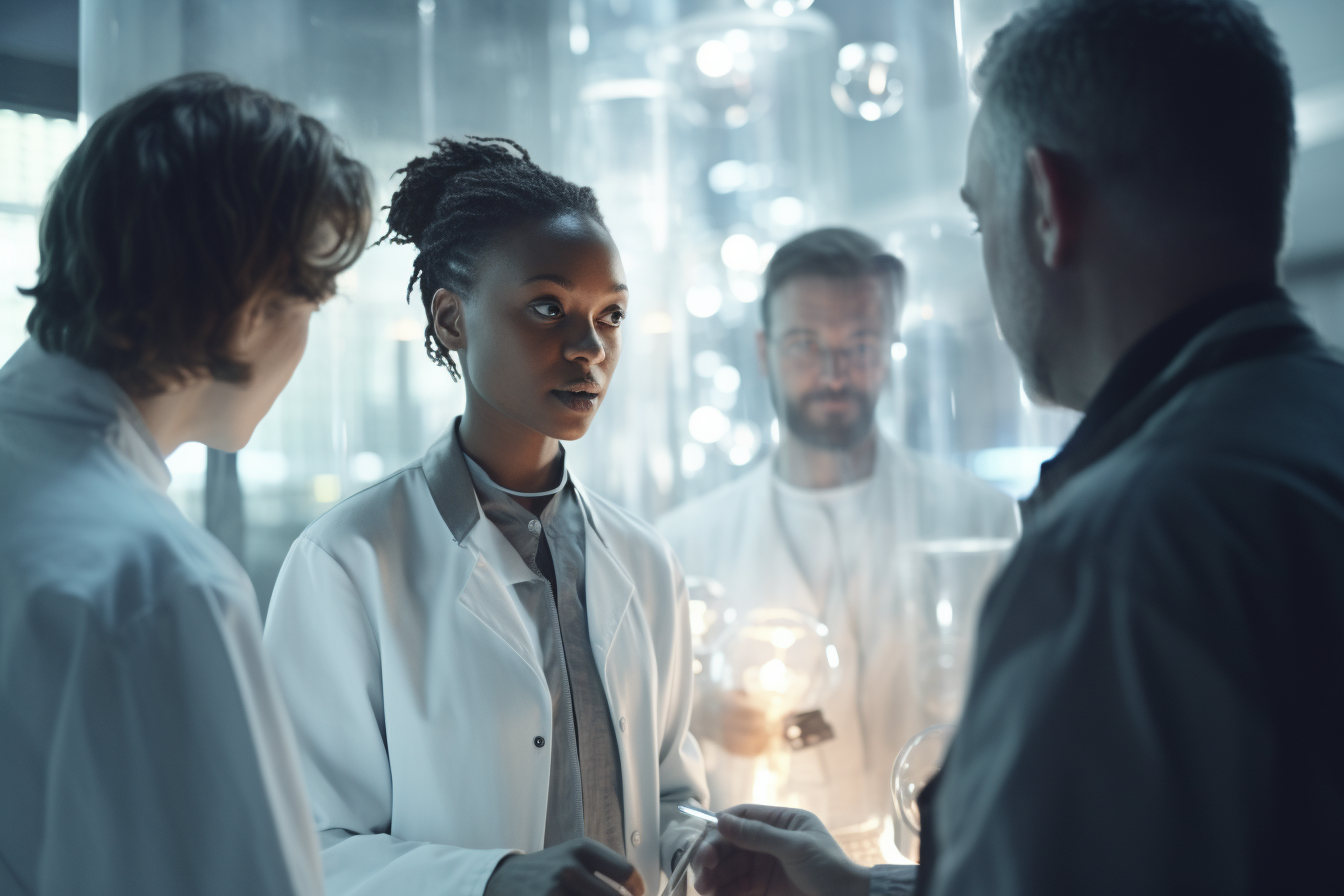 Three people in lab coats conducting experiments