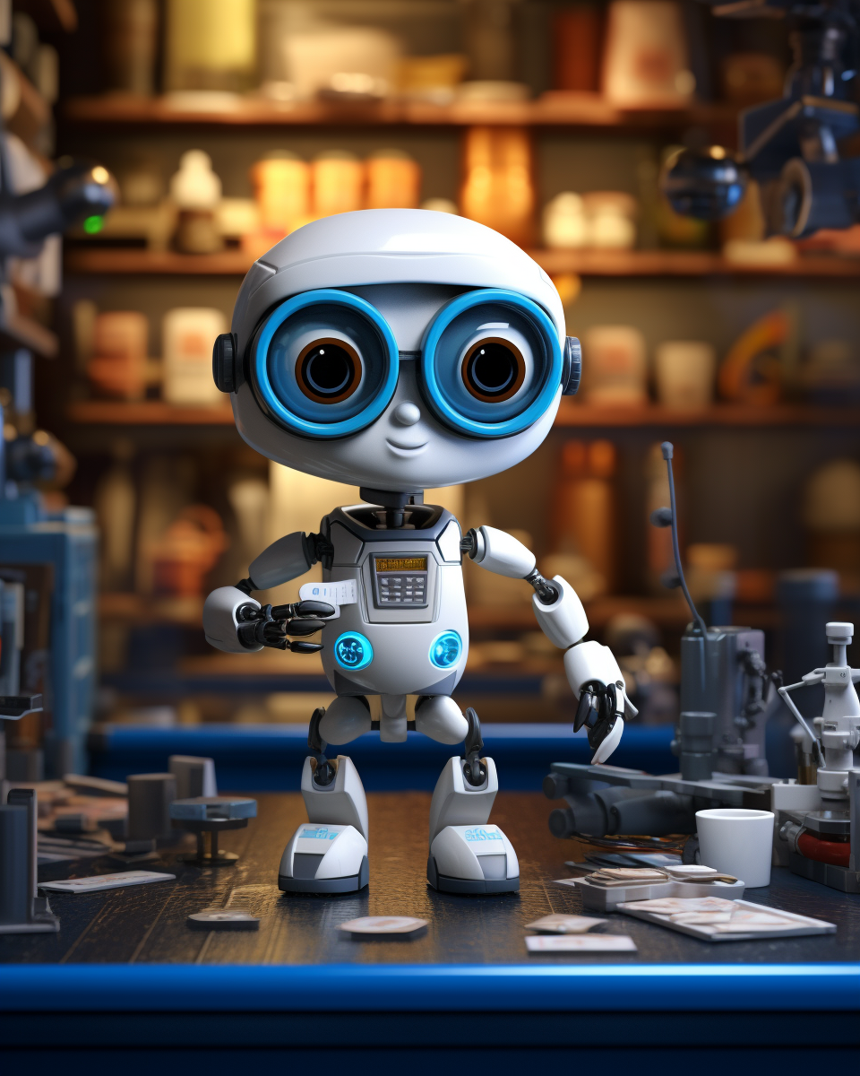 Anthropomorphic lab robot with blue and white color scheme