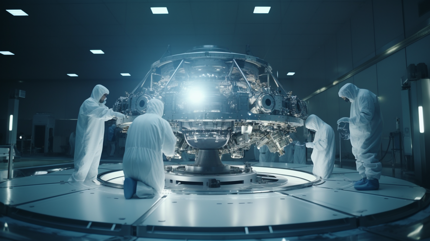 Scientists assembling death ray satellite in lab coats