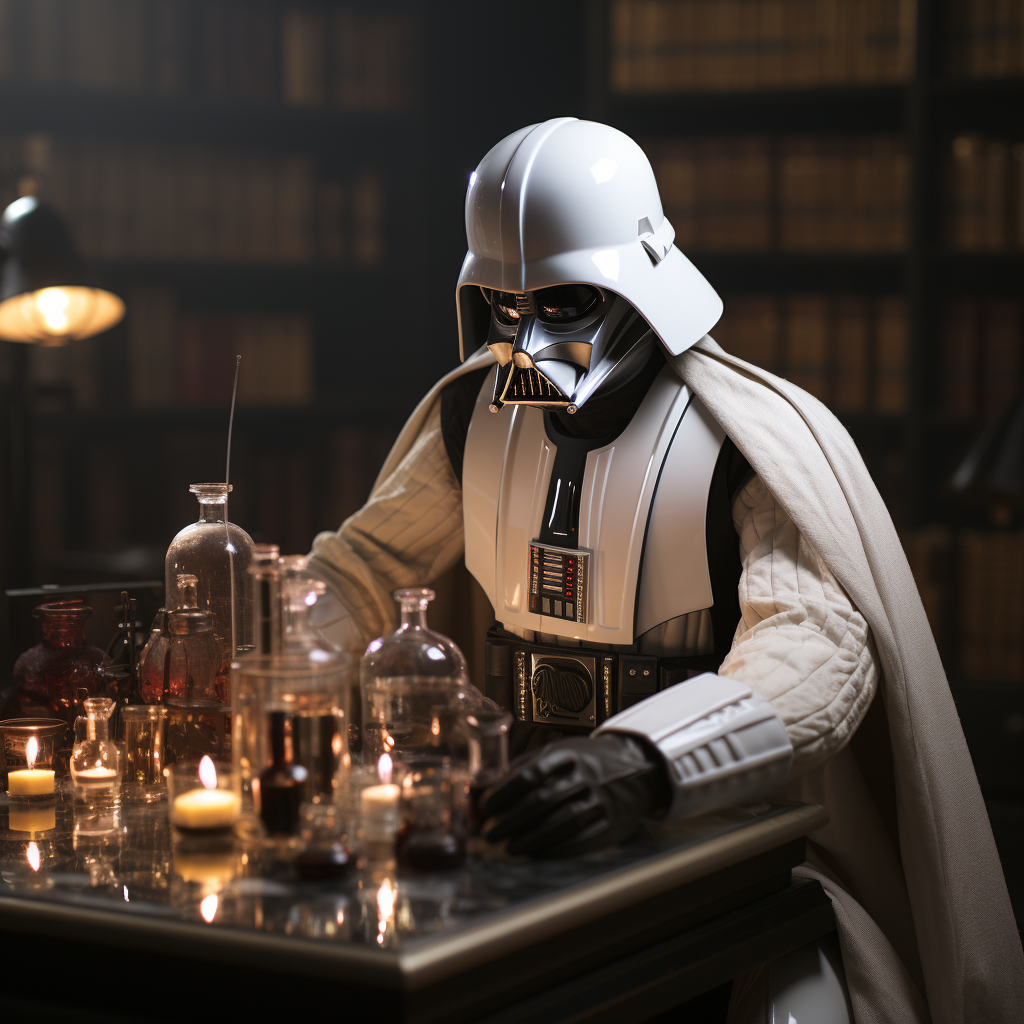 Laboratory scene with unmasked Darth Vader