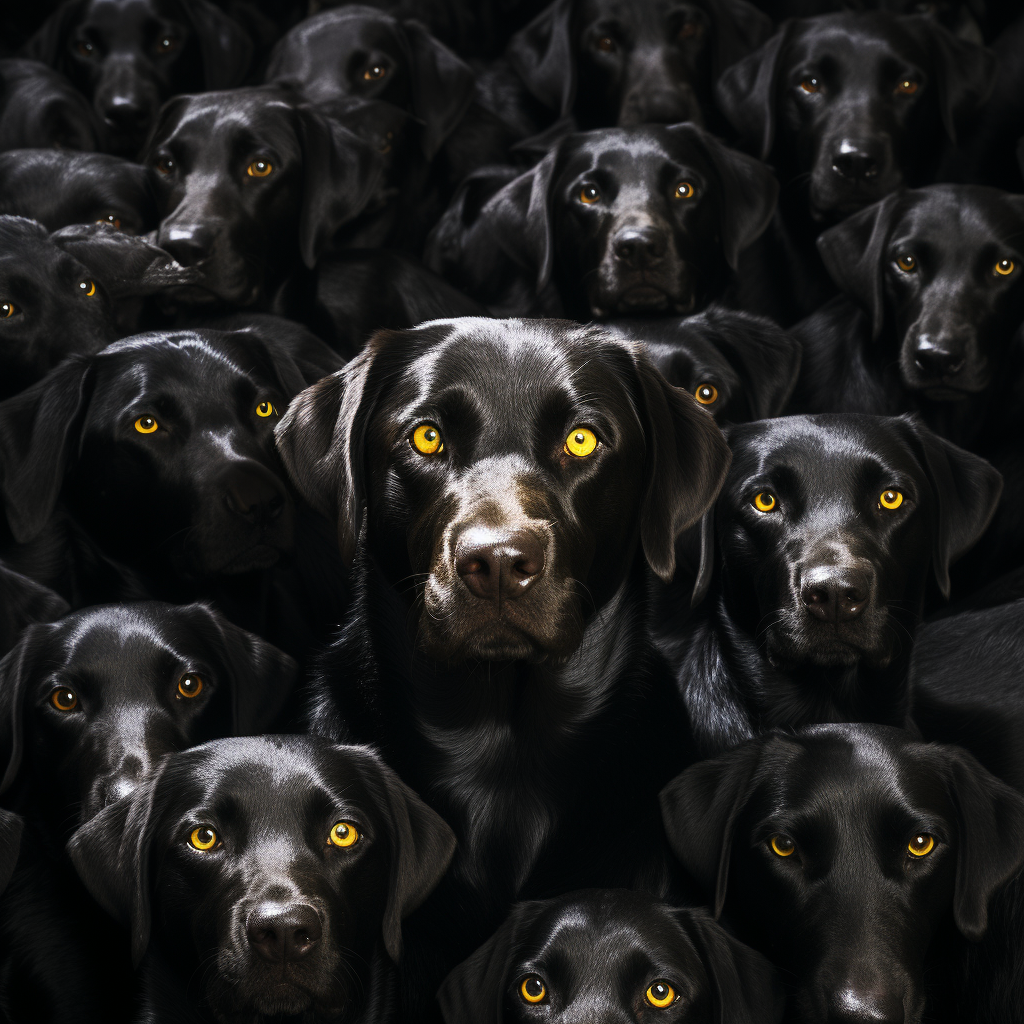 Yellow Labrador surrounded by black Labradors