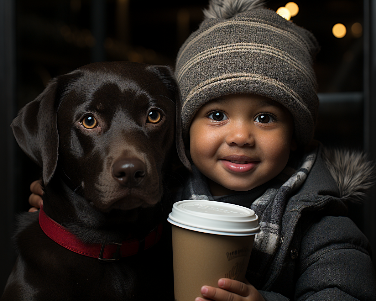 Two happy dogs enjoying coffee