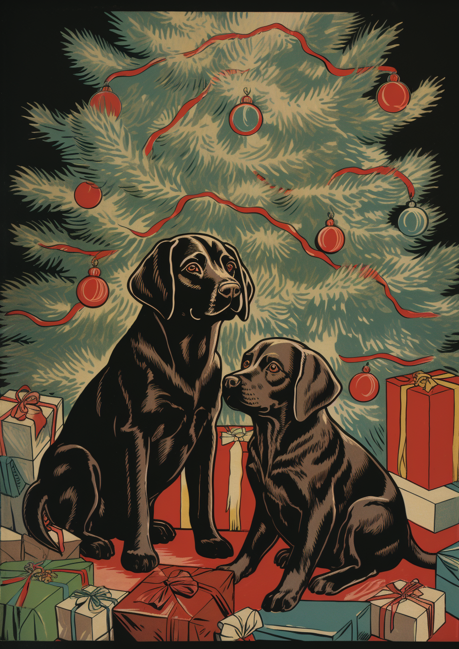 Labrador Retrievers playing around Christmas tree