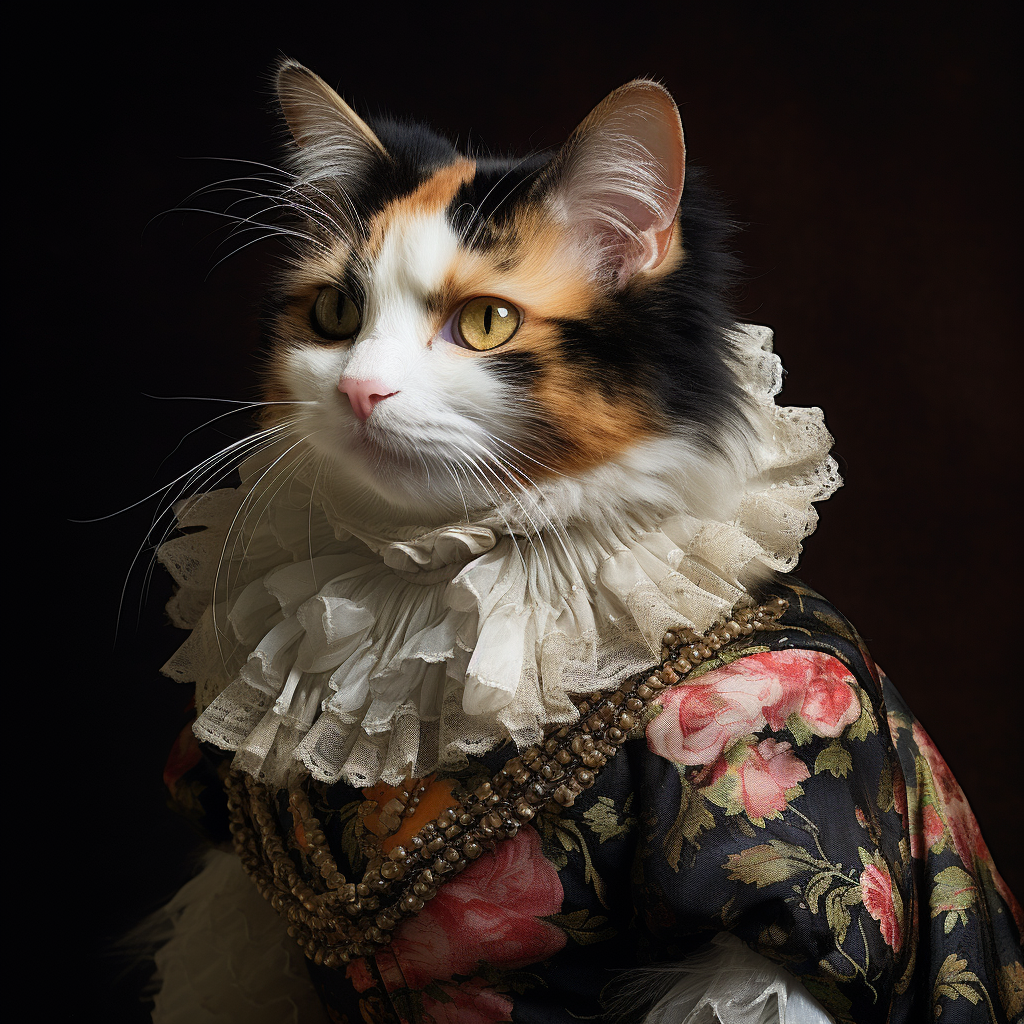 Calico cat in lace ruff fashion