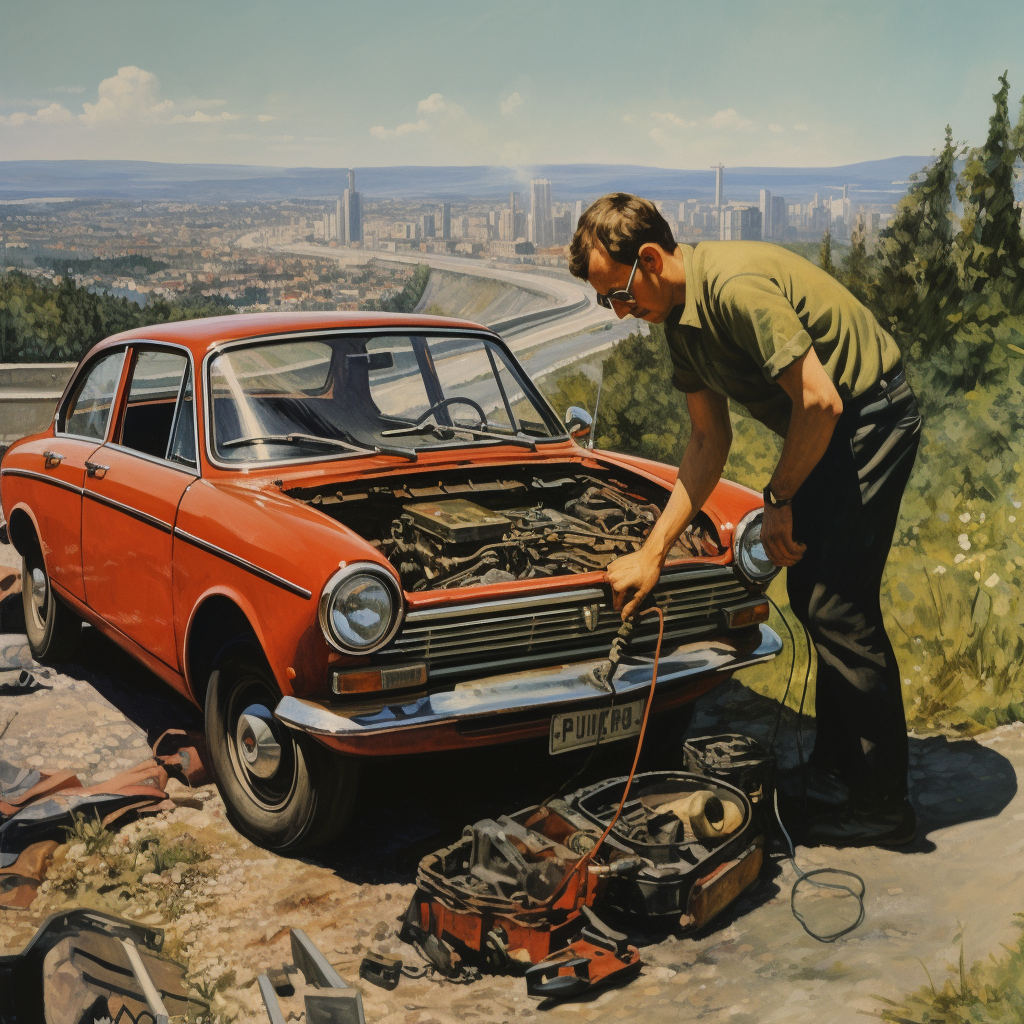 Lada car carburetor fixing on Italian freeway poster