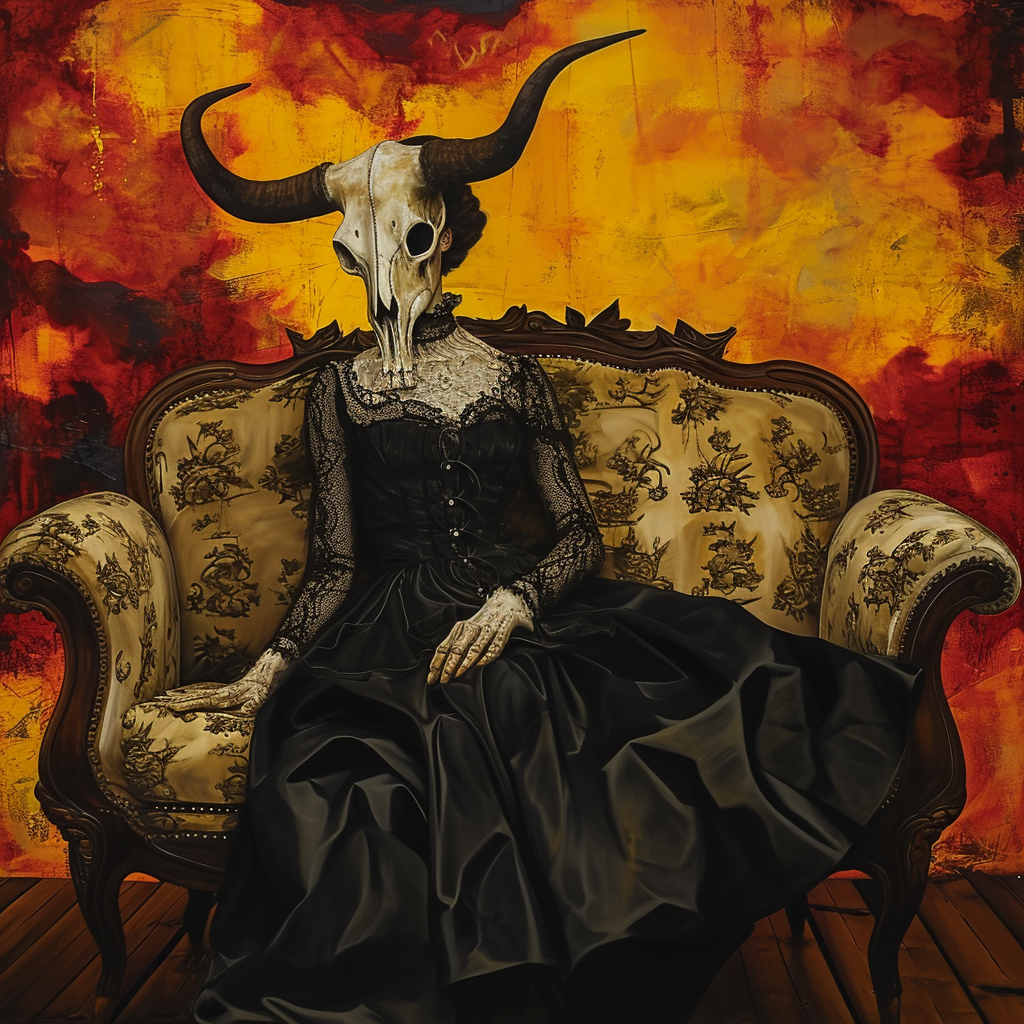 Lady in black dress with longhorn skull mask sitting on Victorian couch