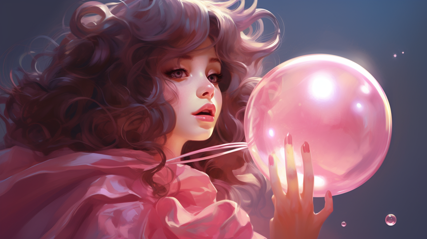 Bubblegum Lady blowing bubbles on a hairy computer mouse