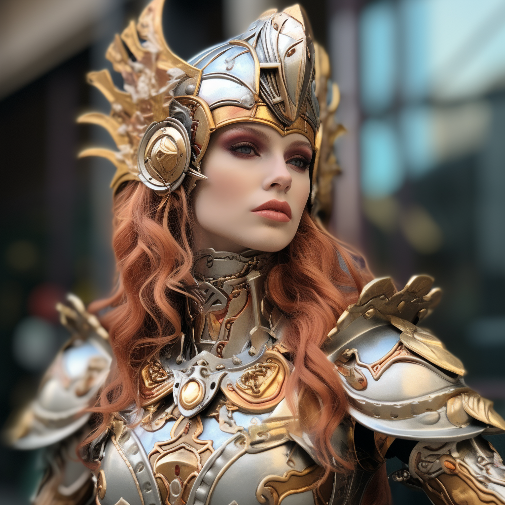 Lady Knight in Decorative Armor with Alphonse Mucha Face Paint