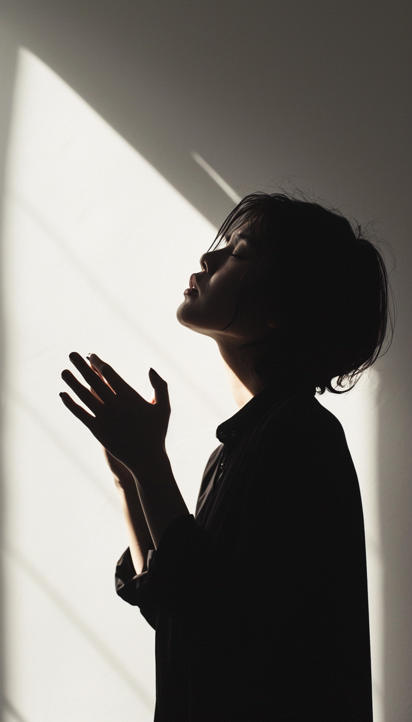 Lady searching for light on a white background