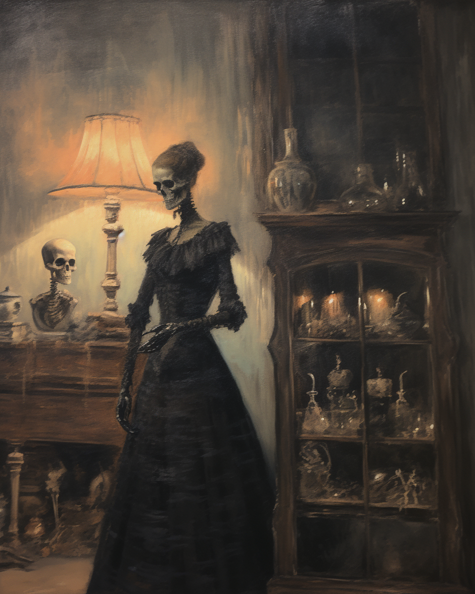 Antique oil painting of lady skeleton in room