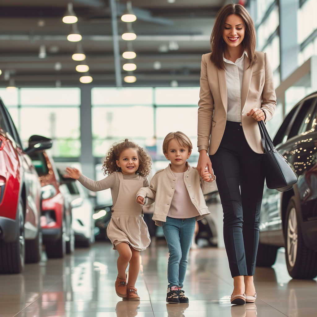 Lady with Two Kids at Car Dealership