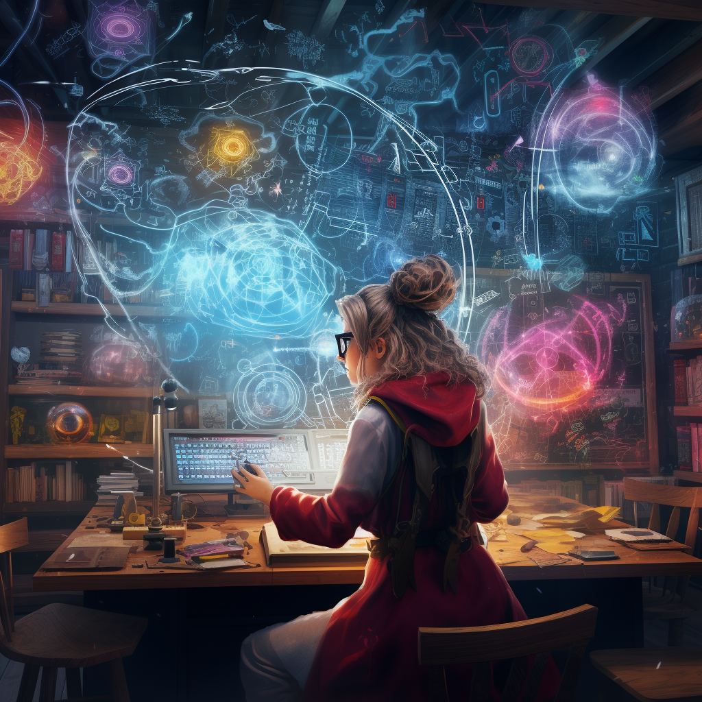 Lady wizard performing colorful experiments in study