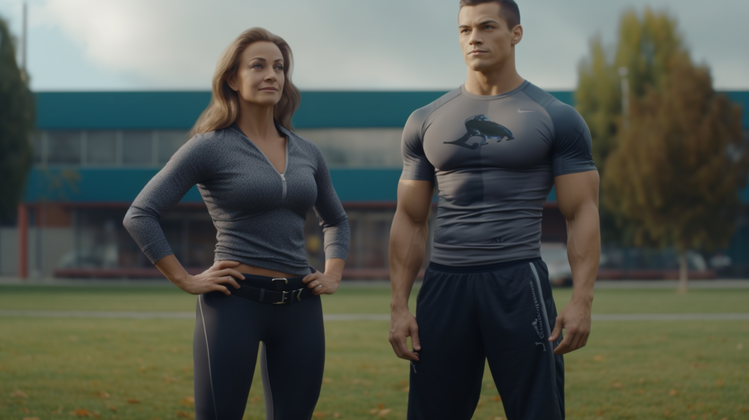 A fit lady standing with a young man with six-pack abs