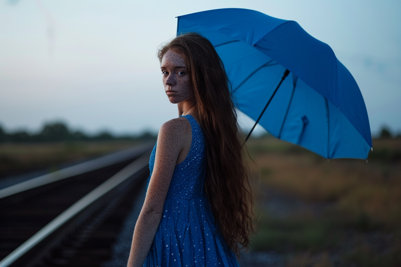 Beautiful lady in blue dress walking on railroad with umbrella