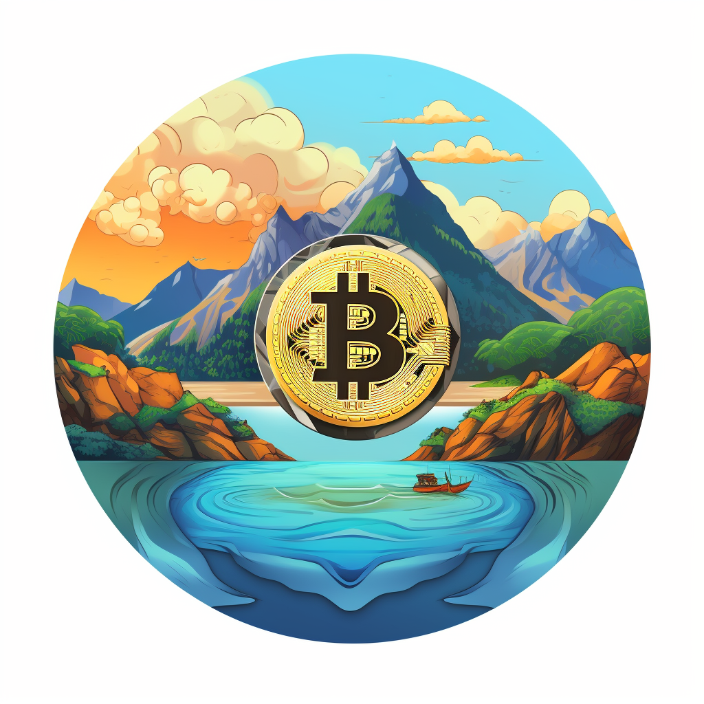 Round logo with Lake Atitlan and Bitcoin