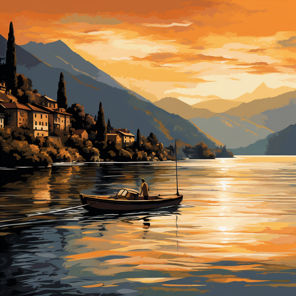 Lovers on a boat at golden hour in Lake Como