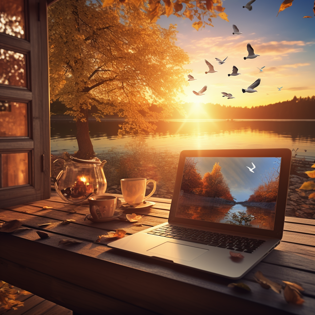 Peaceful lake scene with laptop, leaves, pen, and glasses