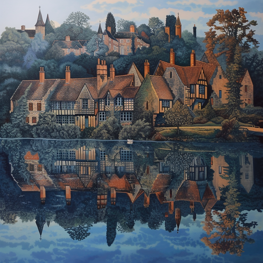 Lake reflecting medieval village