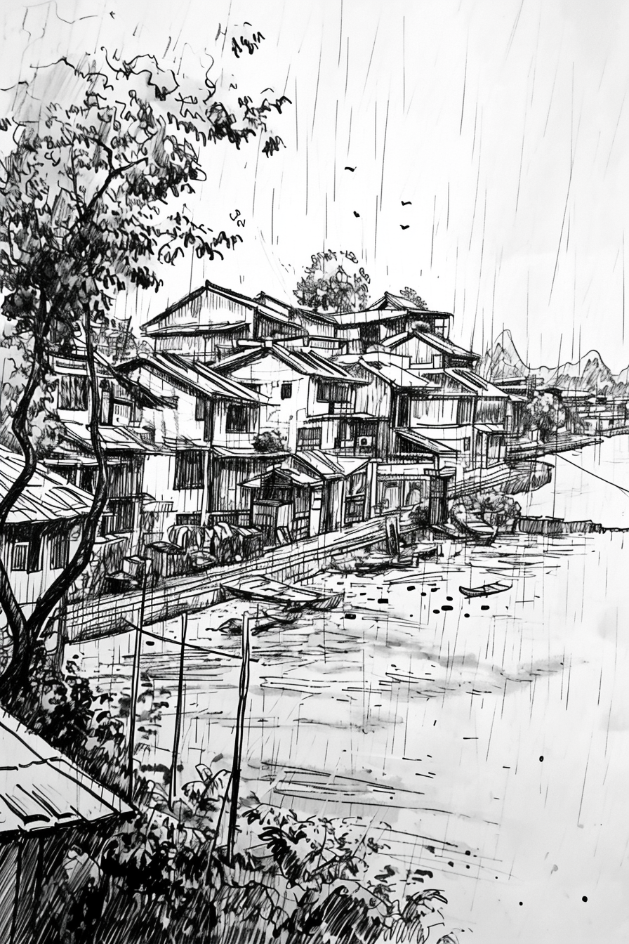 Lake sketch with rich houses and slum