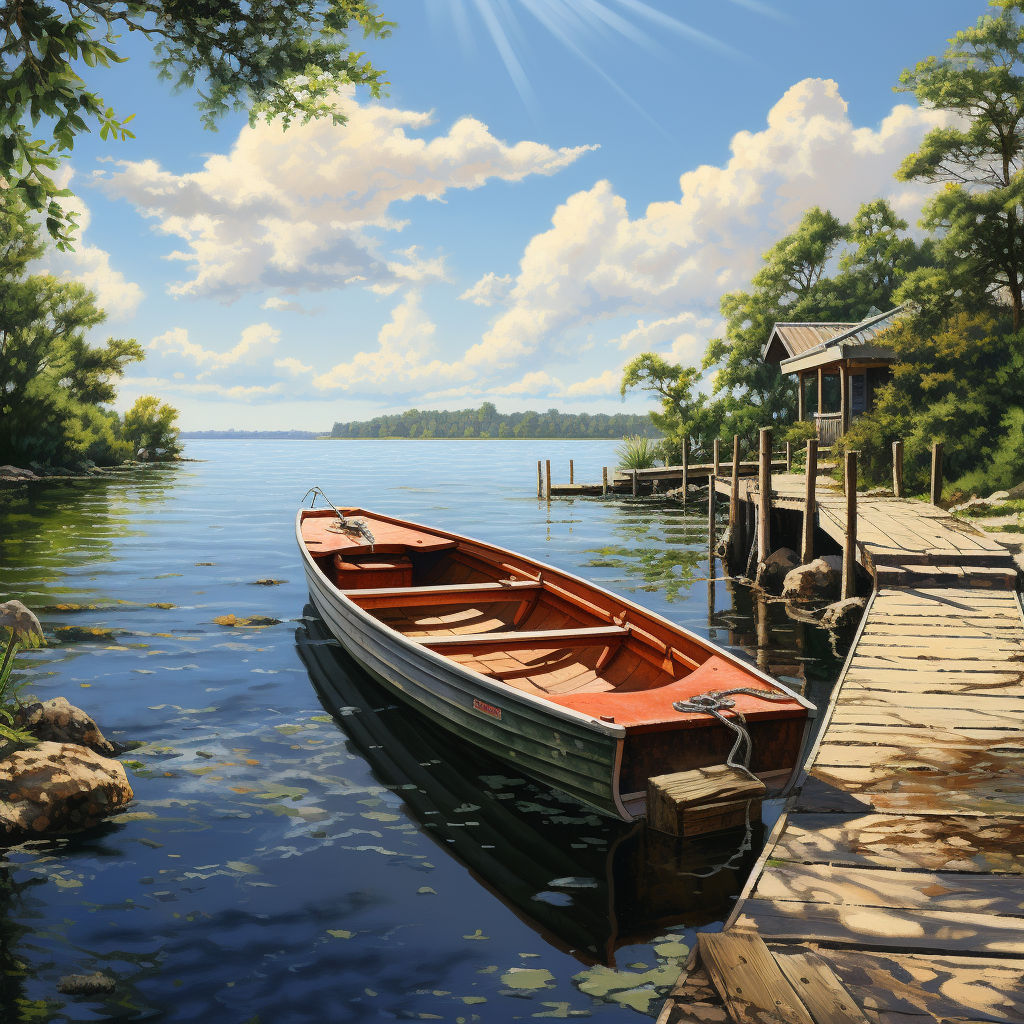 Motorboat approaching lake with dock and storage