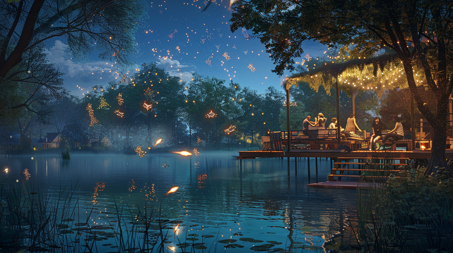 Lakeside Retreat with Holographic Fireflies Glow