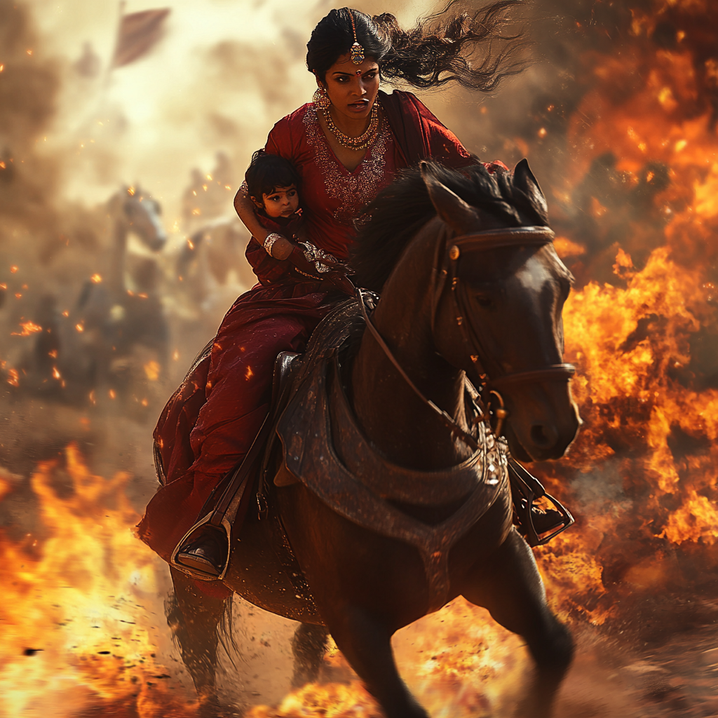 Lakshmi Bai escaping on horse with child