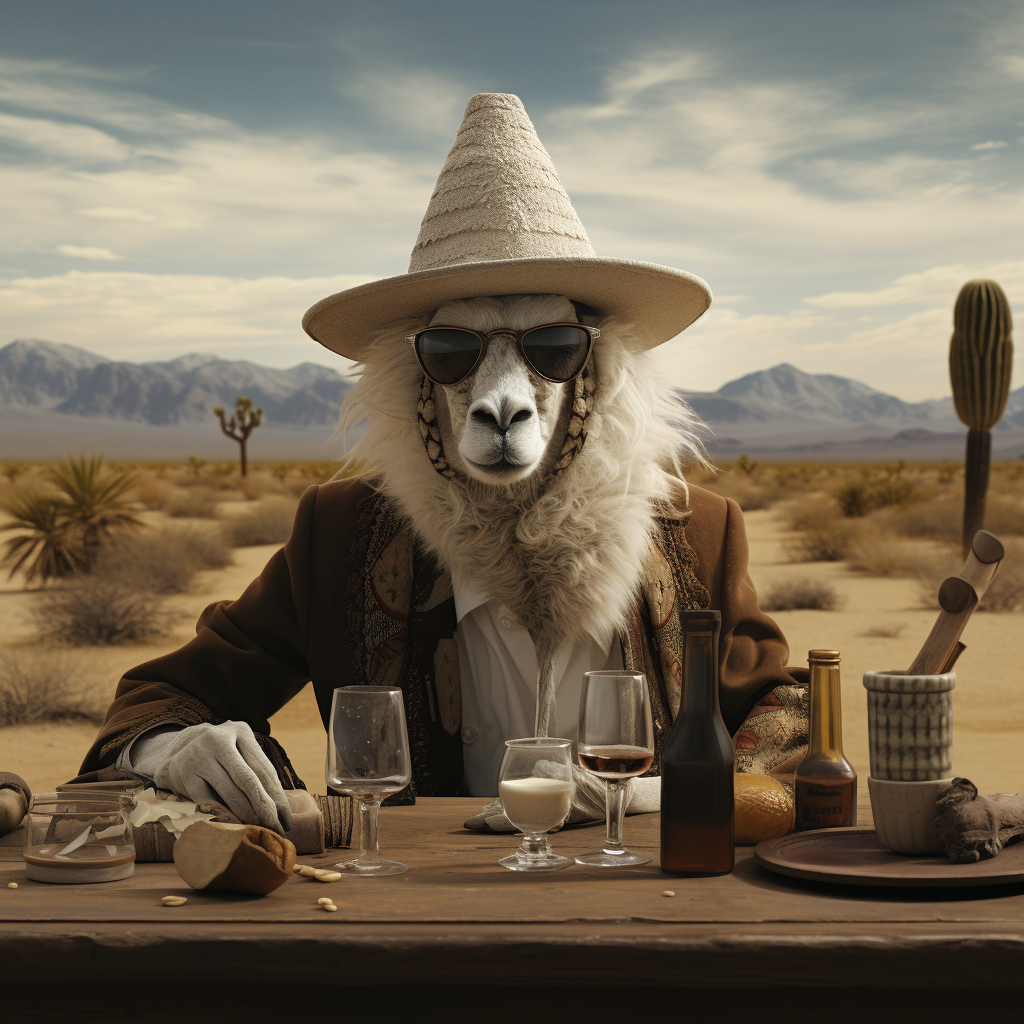 Lama enjoying whiskey in sand desert with hat