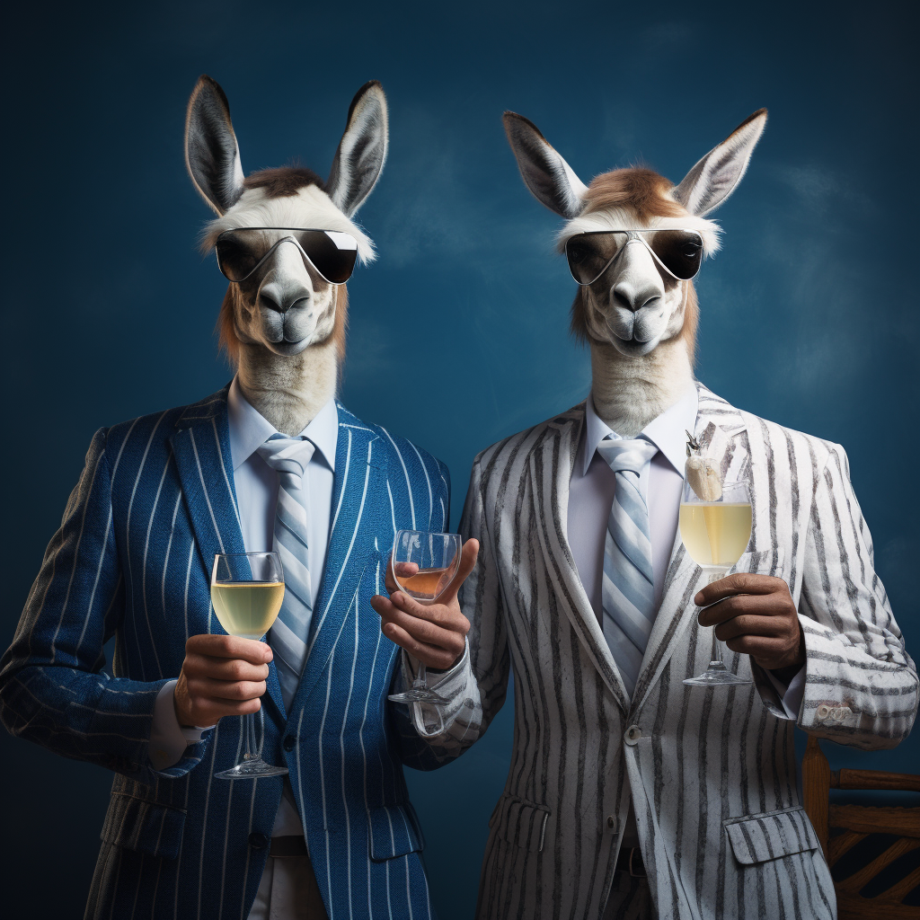 Two lamas celebrating with sparkling wine