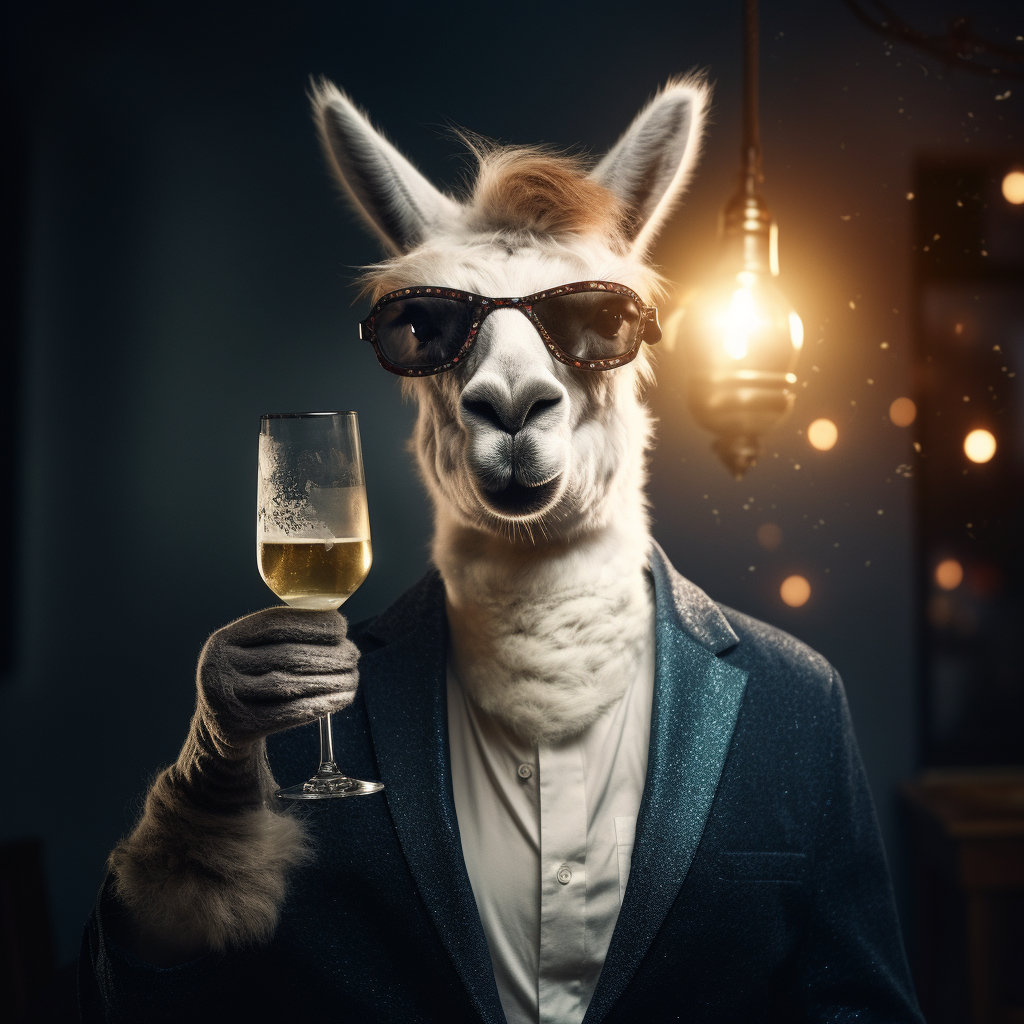 Lama toasting with sparkling wine glasses